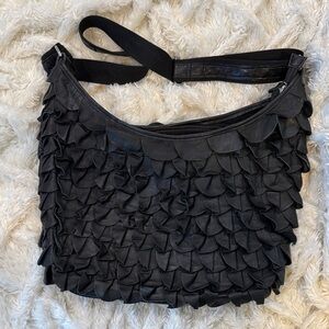 Black Leather Ruffled Women's Bag
